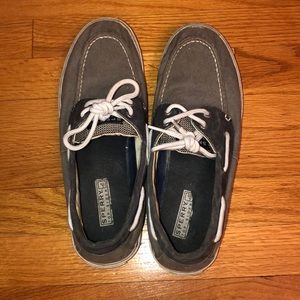 Blue/Grey Sperry boat shoes.